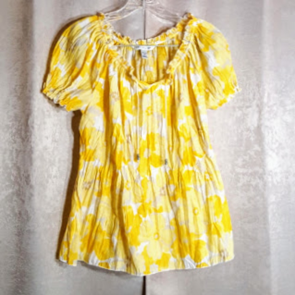 Croft & Barrow Yellow Peasant Crinkle Top sz PS